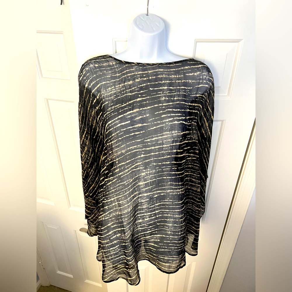 Eileen Fisher Black and Cream 100% Silk Sheer Poncho Style Blouse (One Size)
